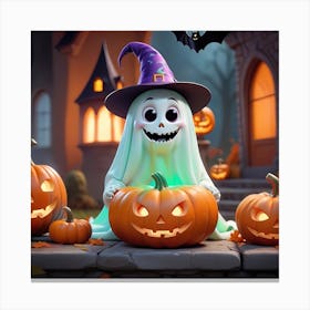 Cute Ghost With Halloween Pumpkins Canvas Print