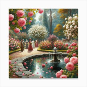 Rose Garden With The Fountain, Acrylic Style Painting 21 Canvas Print