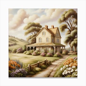 Blooming Flower Paradise Charming House In A Field Canvas Print