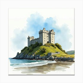 Watercolor Painting Of The Harlech Castle In Wales, With Its Dramatic Coastal Location And Medieval Towers Canvas Print