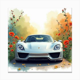 Porsche 918 Spyder Amidst A Lush, Colorful Watercolor Background, No Logos Canvas Print