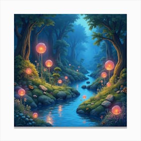 Mystical Watercolor Garden With Glowing Magical Creatures 1 Canvas Print