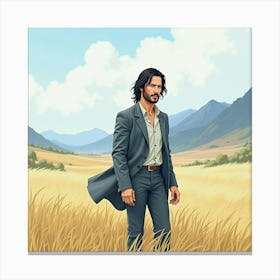 Keanu Reeves In A Tranquil Watercolor Landscape With Distant Mountains 1 Canvas Print