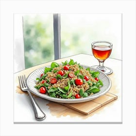 Watercolor Sketch Of A Fresh And Vibrant Mediterranean Quinoa Salad On A Modern Dining Table Canvas Print