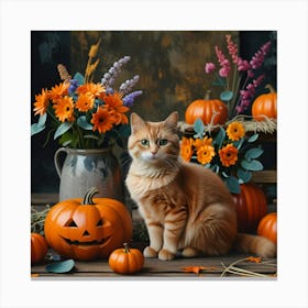 Halloween Cat With Pumpkins And Flowers Canvas Print