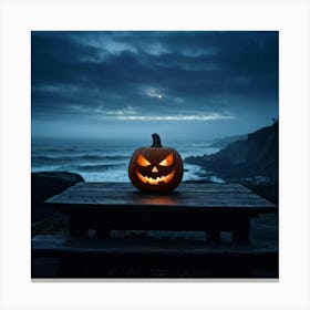 Jack O Lantern With A Glaring Eye Atop A Wooden Table On A Skittish Misty Coastline During Dusk S (6) Canvas Print