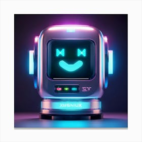 Cybernetic Robot Icon Radiating A Holographic Glow Depicts Cheerfulness Through Emotive Facial Feat Canvas Print