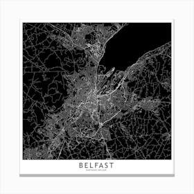 Belfast Black And White Map Square Canvas Print