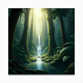 Rainforest with towering trees and waterfall Canvas Print