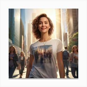 Confident Young Woman Smiling Radiantly Dressed In A Trendy T Shirt Stands At The Center Of A Bus (1) Canvas Print