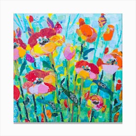 Colorful Poppies In Bloom With Butterflies Square Canvas Print