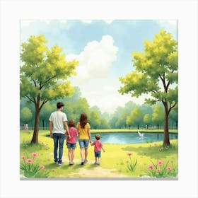 Romanian Family Enjoying An English Park, Watercolor Illustration 1 Canvas Print