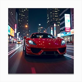 Sleek Red Supercar Speeding Down A Neon Lit City Street At Night 1 Canvas Print