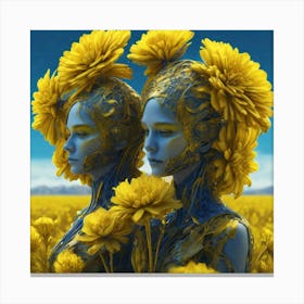 Two Women In A Field Of Yellow Flowers Canvas Print