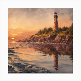 Serene Sunset A Captivating Watercolor Of A Coastal Lighthouse And Tranquil Ocean (2) Canvas Print