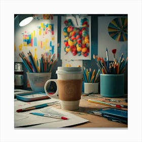 Coffee Cup On Desk Canvas Print