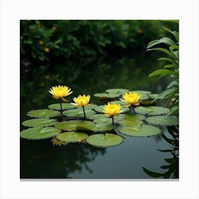 A Tranquil Pond With Blooming Yellow Water Lilies And Lush Green Foliage 1 Canvas Print