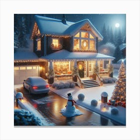 Christmas House At Night Canvas Print