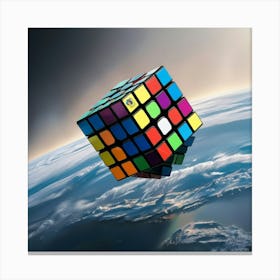 A Majestic Rubik S Cube, With Vibrant Stickers Reflecting A Kaleidoscope Of Colors, Hovers Over Planet Earth 3 Canvas Print