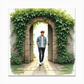 Watercolor Of Justin Bieber Walking Through An Ancient, Ivy Covered Gate Canvas Print