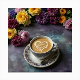 Coffee Cup With Flowers Canvas Print