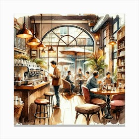 Coffee Shop Watercolor Illustration Canvas Print