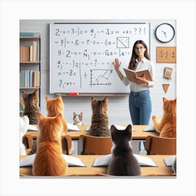 Teacher With Cats In Classroom Canvas Print