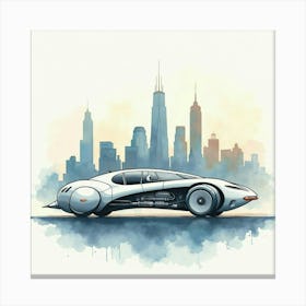 Futuristic Vehicle With A City Skyline, Watercolor Painting 1 Canvas Print