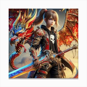 Girl With A Sword And Dragon Canvas Print