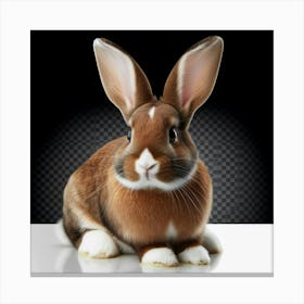 Here is a cute, fluffy, adorable, and cuddly brown bunny rabbit with white paws and a white belly, sitting on a white table with a checkered background, looking at the camera with its big, round, black eyes. Canvas Print
