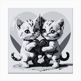 Black and White Kittens Holding A Heart Canvas Print