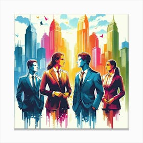 A Colorful Modernist Painting of Four Business Professionals Standing in a Cityscape with Bright Colors and a Blue Sky Canvas Print