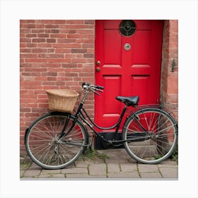 Red Door With Bicycle Photo Canvas Print