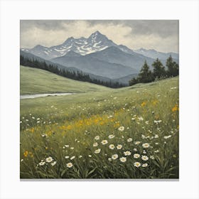 vintage oil painting of wild flowers in a meadow, mountains in the background 8 Canvas Print