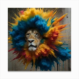 Eine Farbexplosion, die voller Buntheit ist und durch die ein Löwe stolziert. Canvas Print
