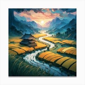 Beautiful views of rice fields, close to the river and surrounded by mountains, 14 Canvas Print