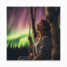 Woman looking at the northern lights Canvas Print