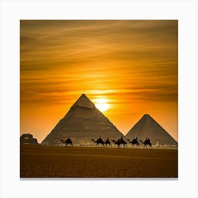 Camels In Front Of Pyramids Canvas Print