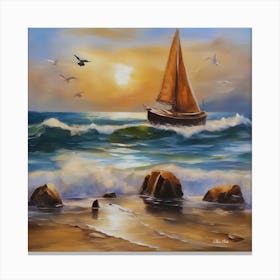 Oil painting design on canvas. Sandy beach rocks. Waves. Sailboat. Seagulls. The sun before sunset.8 Canvas Print