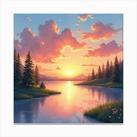 Dreamy Watercolor Sunset Over Tranquil Lake 1 Canvas Print