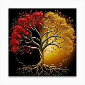 Template: Half red and half black, solid color gradient tree with golden leaves and twisted and intertwined branches 3D oil painting Canvas Print