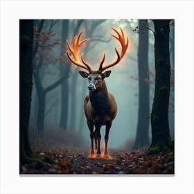 A Majestic Stag With Antlers Of Glowing, Fractal Patterns Standing In A Dreamlike Forest 1 Canvas Print