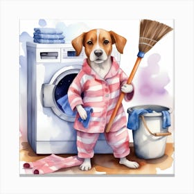 Cute Dog In Pajamas Doing Laundry Canvas Print