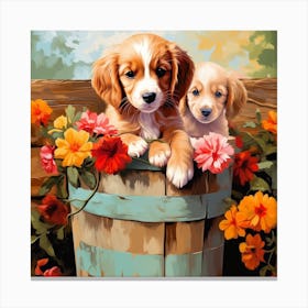 Puppies In A Bucket Canvas Print