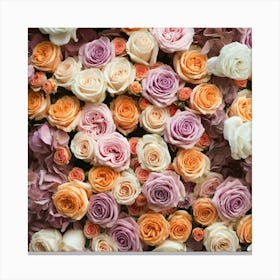 A Close Up Image Of A Variety Of Pastel Colored Roses And Hydrangeas Canvas Print