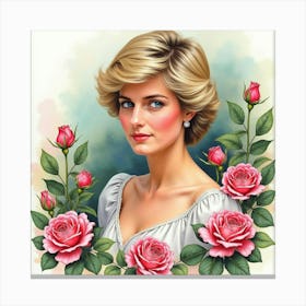 Watercolor Portrait Of Princess Diana In A Garden Of Roses 1 Canvas Print