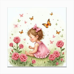 Watercolor Baby Girl Playing In A Garden Of Pink Roses And Butterflies Canvas Print