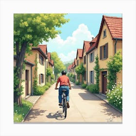 Road Bike In A Charming European Village Watercolor Scene 1 Canvas Print