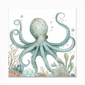 Cute Storybook Style Octopus Blue & White  3 Canvas Print