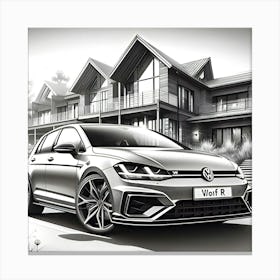 A Pencil Drawing Of A Vw Golf 8 R In Front Of A Beautiful Modern Mansion 2 Toile